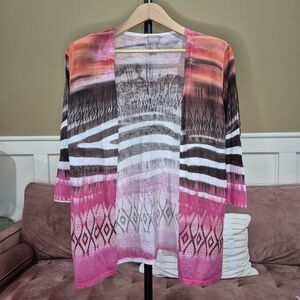 Chico's Thin Pink and Brown Patterned Open Front Cardigan